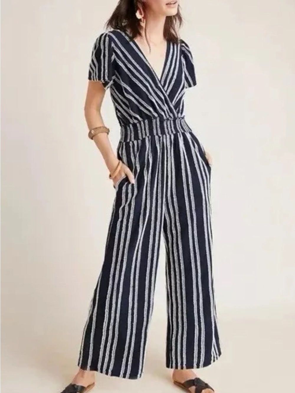 Anthropologie Striped Navy Wrap Jumpsuit with Smocked Waist
